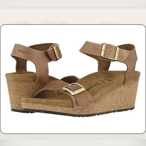 Birkenstock Papillio Wedge Sandals  Soley Cognac Brown Nubuck Leather.